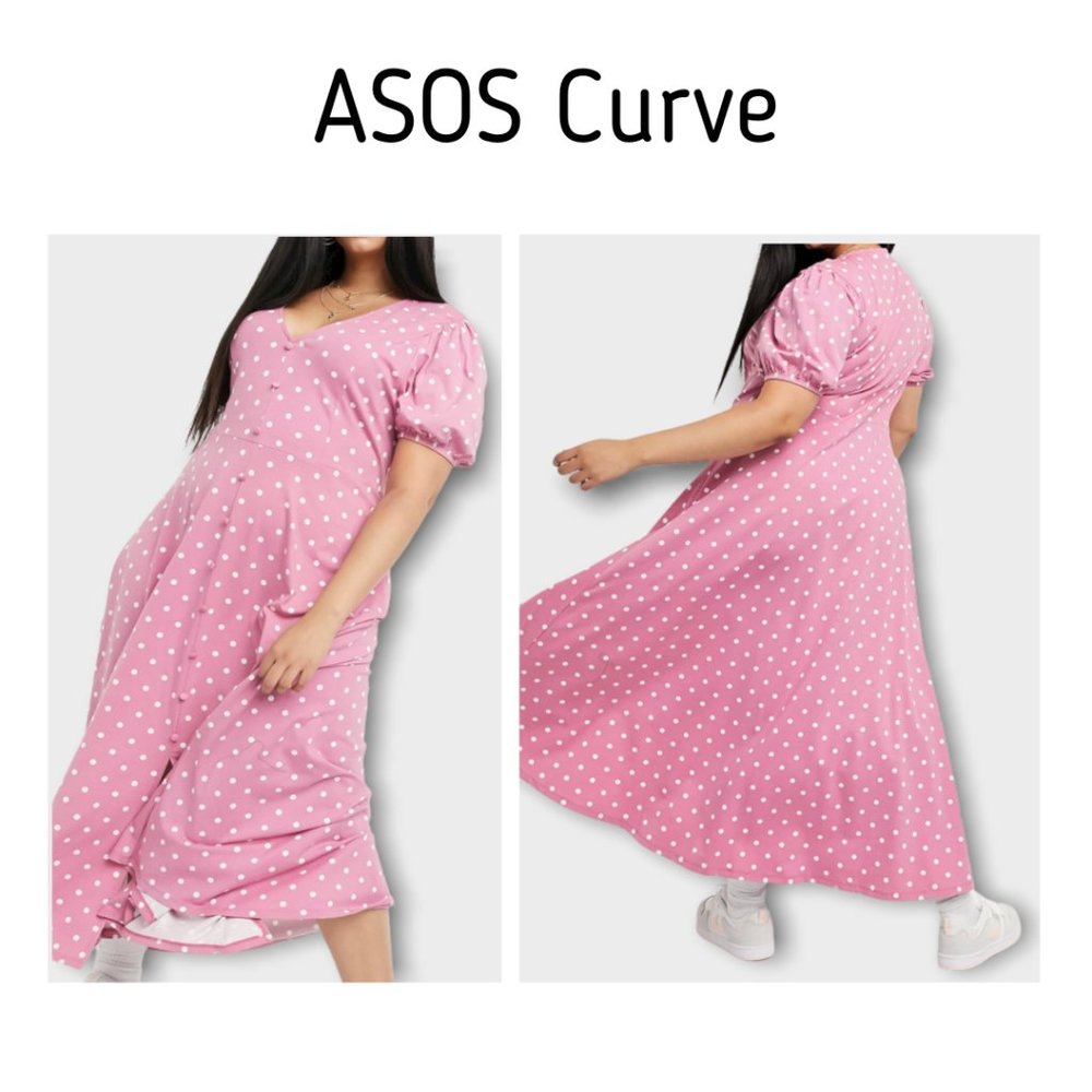 ASOS Curve Rose Polka Dot Vneck Midi Tea Dress size 18 runs big stretchy cute